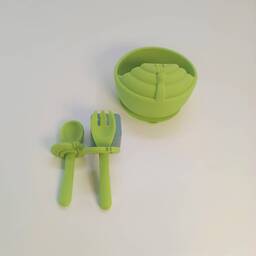 ست کاسه و قاشق و چنگال کودک سیلیکونی حلزون - سبز