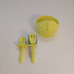 ست کاسه و قاشق و چنگال کودک سیلیکونی حلزون - زرد