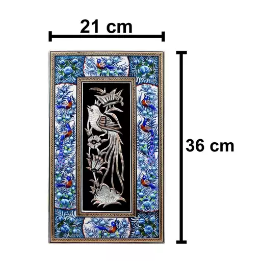 تابلو پلاک قلم زنی مسی همراه با قاب خاتم کاری مدل گل و مرغ آبی برجسته تاج دار(گارانتی 120 ماهه)