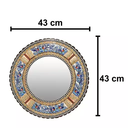 قاب آینه گرد لبه دالبری خاتم کاری مدل گل و مرغ آبی برجسته(گارانتی 120 ماهه)