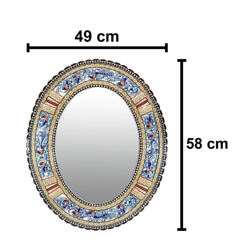 قاب آینه بیضی لبه دالبری مدل گل و مرغ آبی برجسته خاتم کاری(سایز متوسط)(گارانتی 120 ماهه)