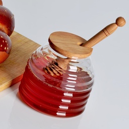 ظرف عسل  شیشه ای درب چوبی با قاشق چوبی