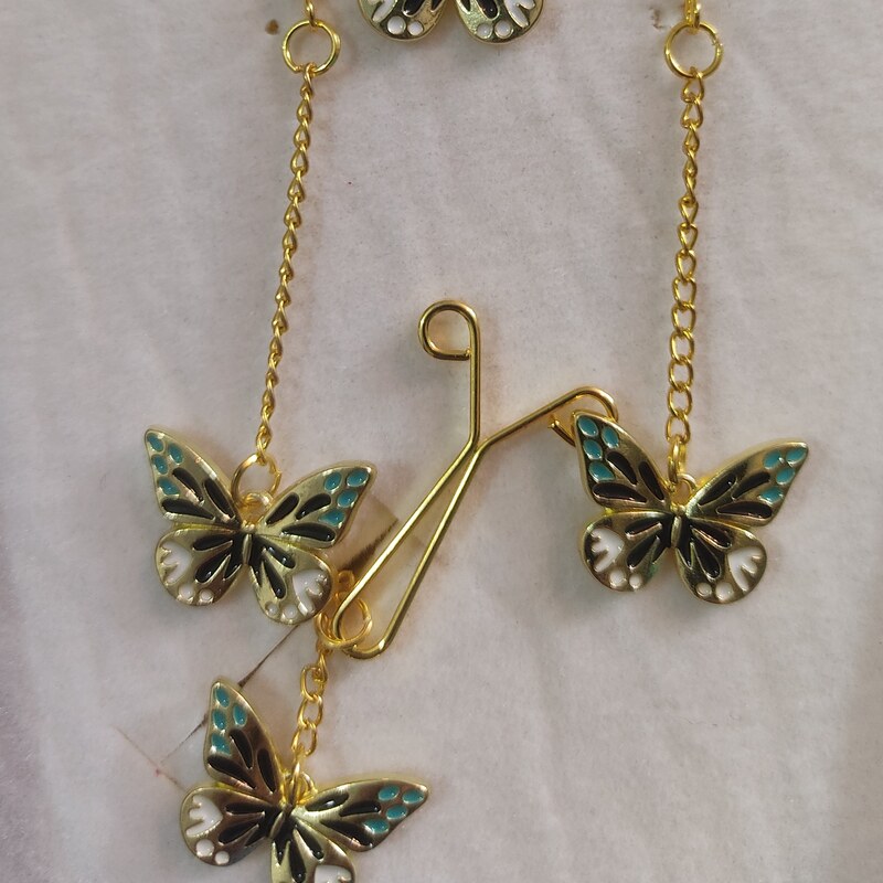 ست پروانه فریبا استیل طلایی رنگ ثابت (گردنبند، گوشواره، گیره روسری)