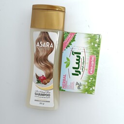 شامپو آسارا مخصوص موهای اسیب دیده و رنگ شده به همراه صابون آسارا