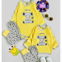 بادی و شلوار نوزادی پسرانه ست لباس نوزادی سایز صفر و یک رنگ زرد جنس نخی