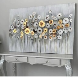 تابلو دکوراتیو گل مدرن هنر دست و رنگ خاکستری و طوسی ورق طلا  ابعاد 50 در 100