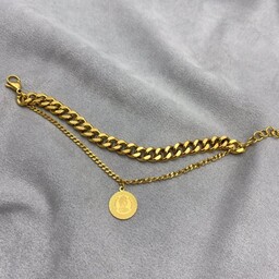 دستبند استیل طرح طلا دولاین کارتیر تراش دار همراه با آویز الیزابت ، رنگ ثابت ضدحساسیت آبکاری شده
