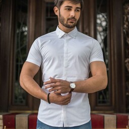 پیراهن مردانه آستین کوتاه یقه گلدوزی شده در 3 رنگ سفید سرمه ای و طوسی سایز محدود