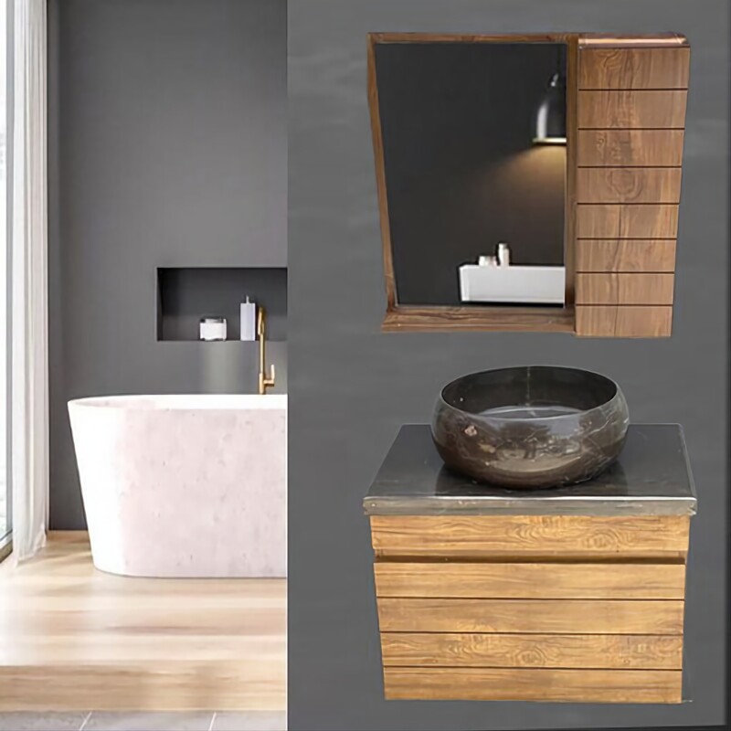 روشویی کابینتی آنتیک چوب با سنگ طبیعی مشکی و آینه باکس 