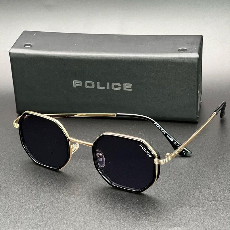 عینک آفتابی مردانه و زنانه مدل چند ضلعی مارک پلیس(عدسی مشکی دور طلایی )