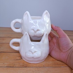 ماگ دوعددی  دستساز سرامیکی طرح گربه مینیمال سفید