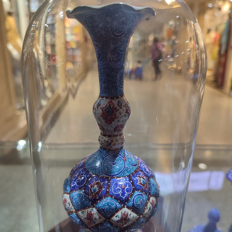 گلدان مینیاتوری میناکاری فلزی با باکس شیشه ای