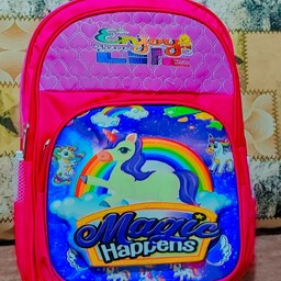 کیف مدرسه ی دخترانه 3 زیپ طرح یونیکورن(تک شاخ) رنگ صورتی