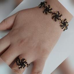 ست دستبند و انگشتر  منجوقی و کریستالی طرح گل شیک و منحصر به فرد