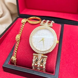 ست ساعت و دستبند  زنانه مجلسی نگین دار  به همراه دستبند و انگشتر  به همراه جعبه کادویی مقوایی 