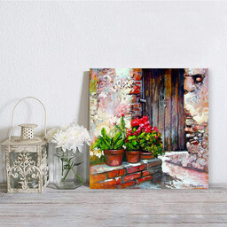 تابلو شاسی صبا طرح مدل نقاشی خانه قدیمی و گلدان ها کد M234