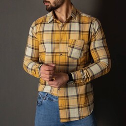 پیراهن مردانه سایز مدیوم چهارخانه آستین بلند زرد خط مشکی 