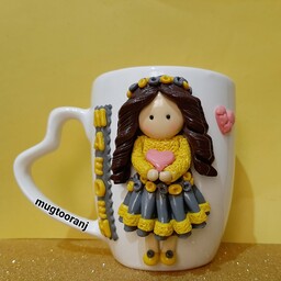 ماگ عروسک دخترونه  با گل های زرد  کد22