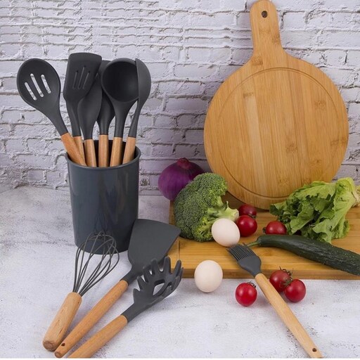 سرویس کفگیر و ملاقه سیلیکونی 12 پارچه دسته چوبی Kitchenware Set