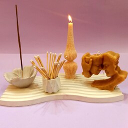 ست دکوری دو مدل شمع، جاکبریتی به همراه یک بسته کبریت پایه بلند هدیه، جاعودی و سینی موج