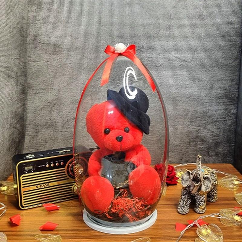 عروسک خرس قرمز کلاه دار خارجی با باکس شیشه ای