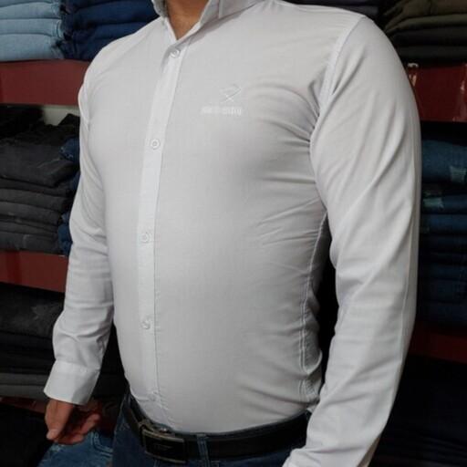 پیراهن مردانه   آستین بلند  سفید رنگ جنس عالی با پارچه تمام  کش