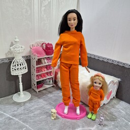  لباس عروسک باربی شامل ست بلوز و شلوار  کشی رنگ نارنجی مناسب باربی لاغر 