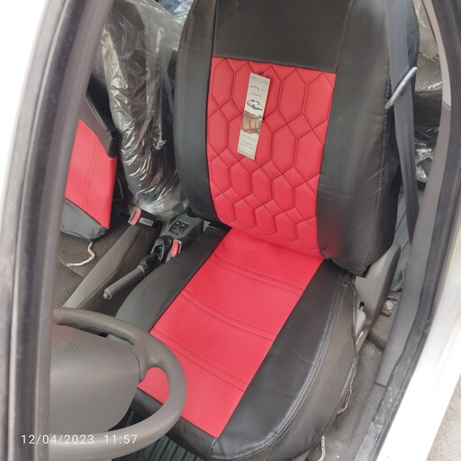 روکش صندلی پراید 131و132چرم رنگ مشکی قرمز(مدل90به بالا)