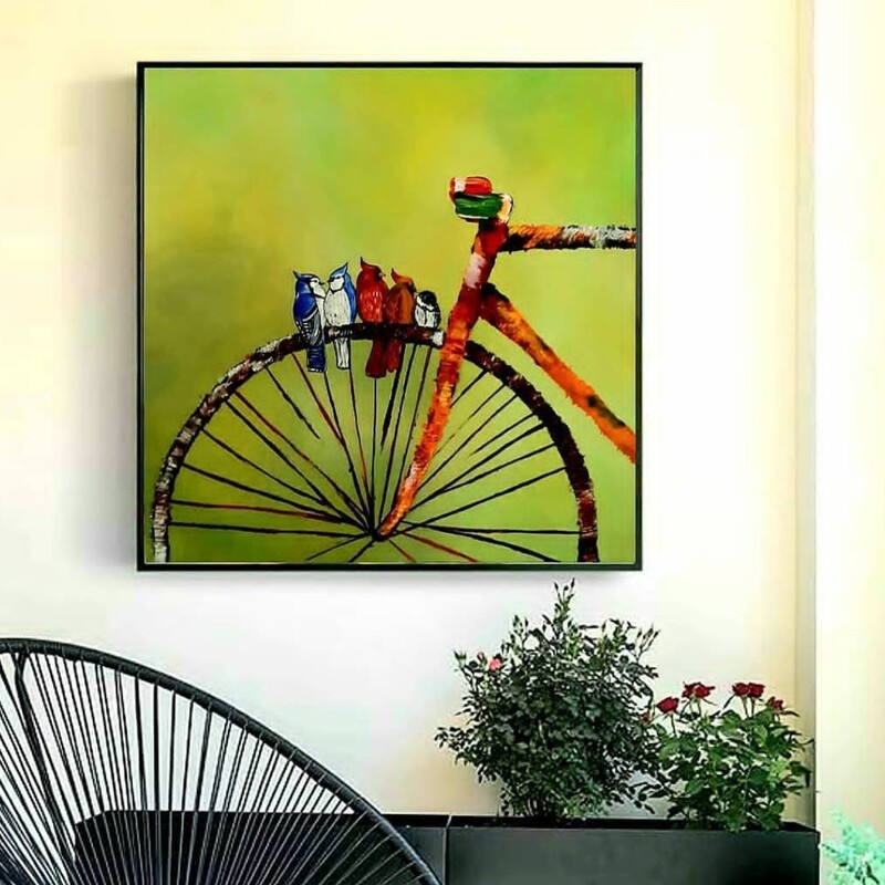 تابلو نقاشی برجسته پرنده اکرلیک دکوراتیو مدرن میکس مدیا گل دوچرخه منظره طبیعت 