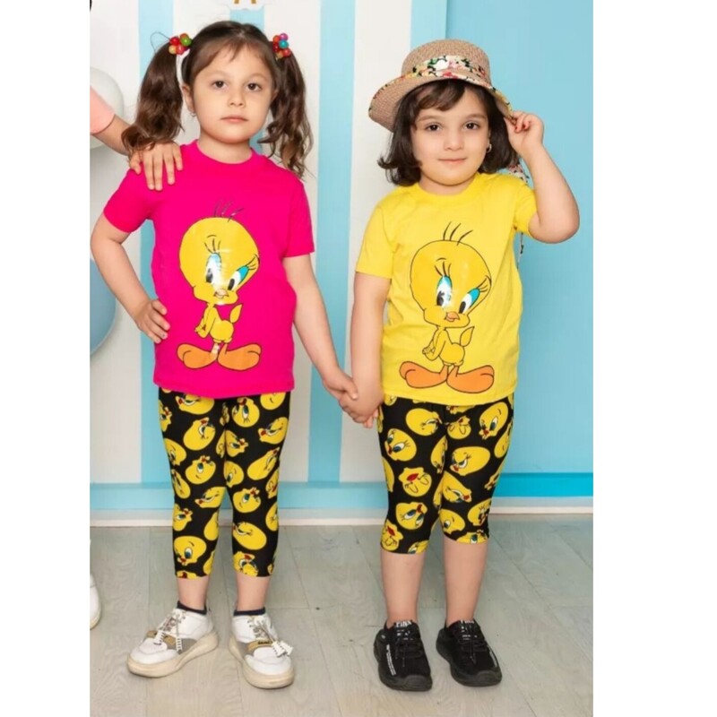 تیشرت شلوارک دخترانه  طرح توییتی در دورنگ صورتی و زرد 35 تا 50 (ارسال رایگان)