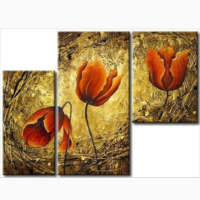 تابلو نقاشی سه تیکه برجسته  گل، کار شده با رنگ اکریلیک و خمیر تکسچر،  عرض بومها 30 و طول آنها  70، 50 و 40 