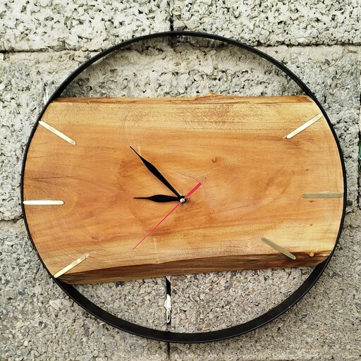 ساعت دیواری چوبی با فریم فلزی دایره ای قطر 40 سانت