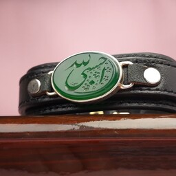 دستبند خطی زنانه عقیق سبز حسبی الله (کد 1230)