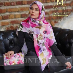 ست کیف و روسری زنانه گلدار صورتی بنفش با کیف پاسپورتی دسته زنجیری  mo132