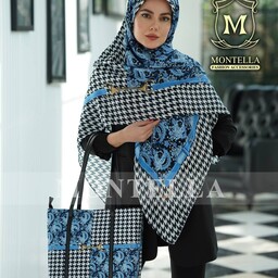 ست کیف و روسری زنانه طرح پیچازی رنگ آبی با کیف مستطیلی دسته چرمی  mo156