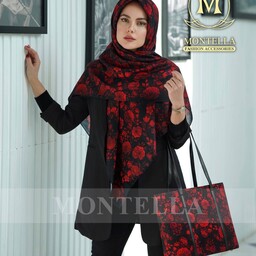 ست کیف و روسری زنانه رنگ مشکی گل قرمز بسیار پرفروش با کیف مستطیلی دسته چرمی  mo139