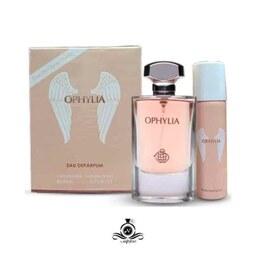 ادکلن زنانه اوفیلیا  فرگرانس ورد همراه با اسپری Fragrance World  Ophylia