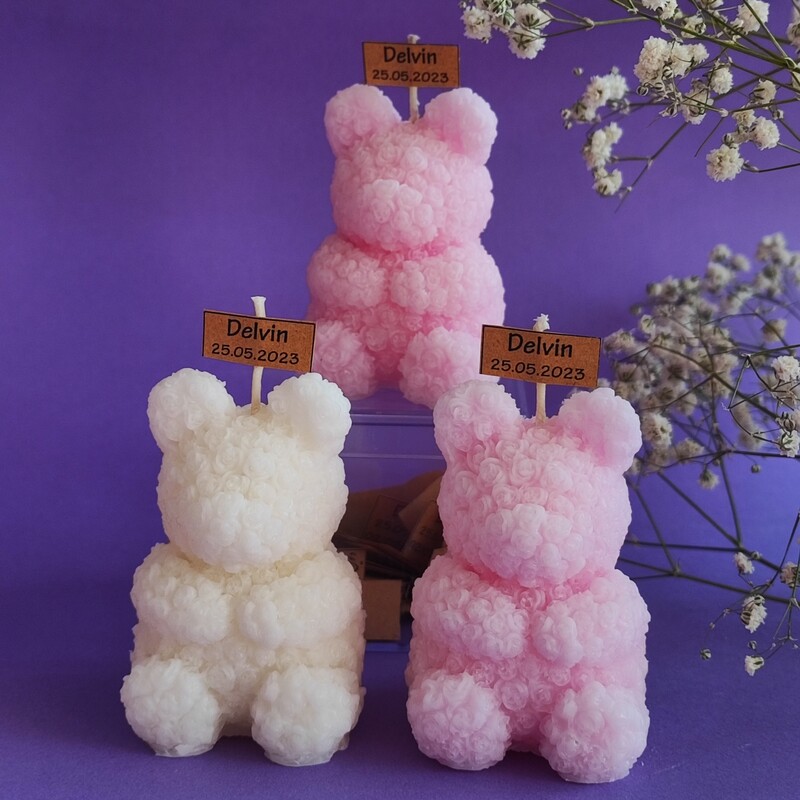 شمع خرس گل گلی با ارتفاع 6سانت مناسب برای گیفت تولد و نوزادی 
