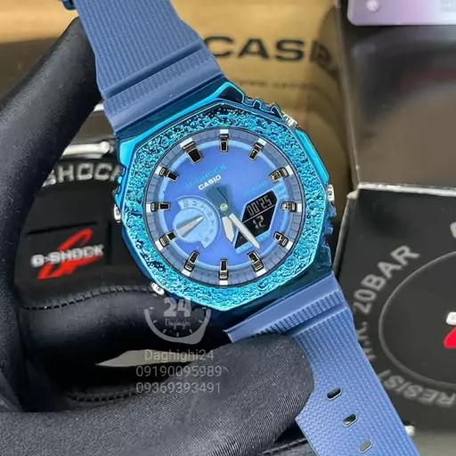 ساعت  مچی جی شاک GA2100دور فلزی  آبی (جیشاک GShock)های کپی تمام فول تنظیم اتوماتیک با پایتخت کشورها،اتولایت اتوماتیک