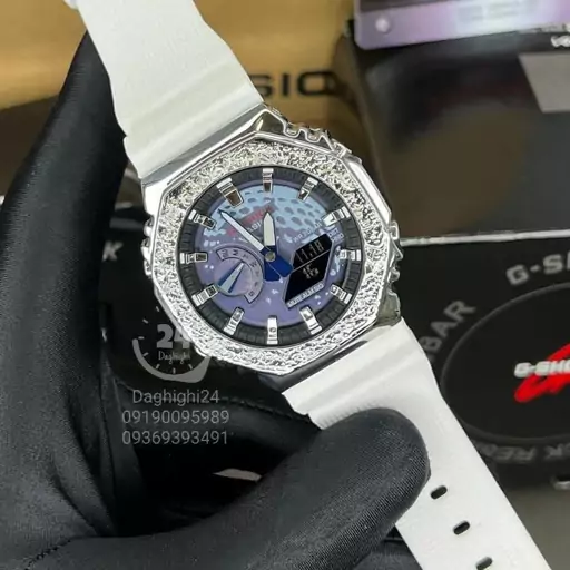 ساعت  مچی جی شاک GA2100دور فلزی سفید  (جیشاک GShock)های کپی تمام فول تنظیم اتوماتیک با پایتخت کشورها،اتولایت اتوماتیک