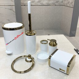 ست 7 پارچه سرویس بهداشتی هارمونی مدل روشا رنگ سفید طلایی درب پدالی و بادبزنی(ارسال رایگان) با جادستمال کاوردار