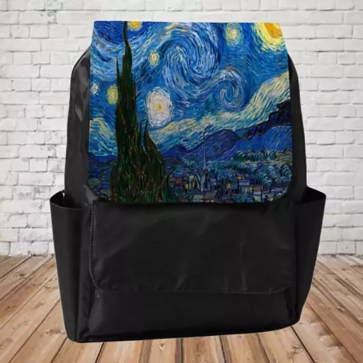 کیف کوله پشتی طرح شب پرستاره ونگوگ starry night vangogh جنس واتر رنگ کوله مشکی 