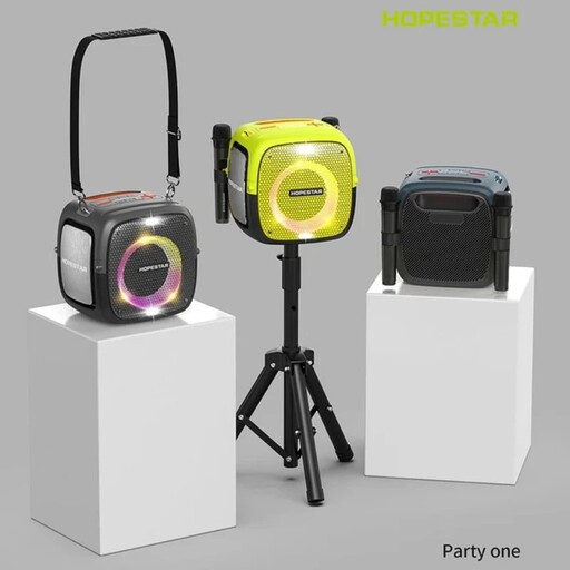 اسپیکر بلوتوث برند Hopestar مدل party one همرا با دوعدد میکروفون کارائوکه و یک عدد پایه