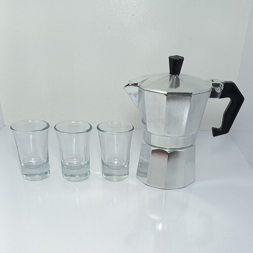 موکاپات یا قهوه جوش  3 کاپ یا 3 نفره اسپرسو ساز  قهوه ساز  ، اسپرسو ساز سه نفره ، قهوه جوش مسافرتی ، ابزار قهوه ، لته