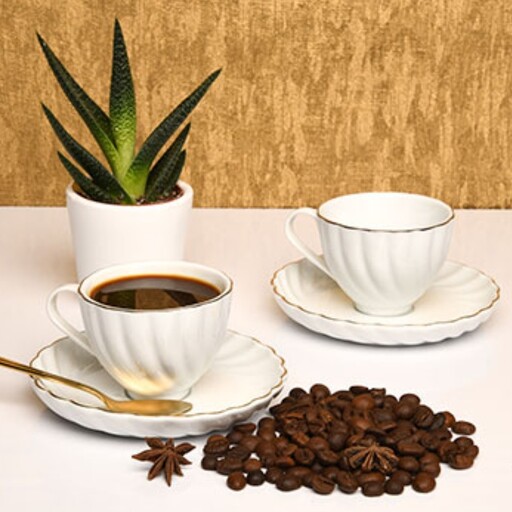 سرویس قهوه خوری 12 پارچه چینی لمون ،ست قهوه خوری مارپیچ لبه طلایی ، صبحانه خوری ، فنجان اسپرسو ، قهوه خوری سرامیکی