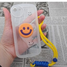 کاور iPhone 7آیفون طرح ژله ای شفاف بالشتی لبخند شاد HAPPY محافظ لنز دار بی رنگ آویزدار