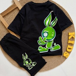 ست تیشرت و شلوارک آستین کوتاه طرح خرگوش سبز جنس نخ پنبه دورو تک رنگ مدل اسپرت برای پسر و دختر