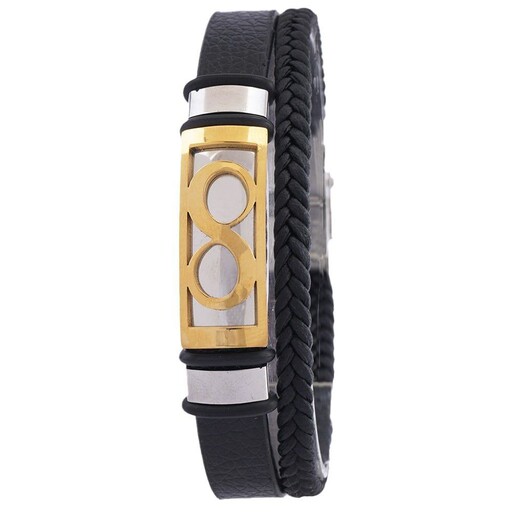 دستبند چرم مشکی مردانه با لوگو آبکاری رنگ ثابت همراه با جعبه کادویی  1618 بافت دار
