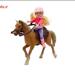 عروسک فانتزی دختر سوارکار نشسته بر روی اسب با زین و افسار 
