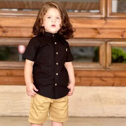 پیراهن بچگانه تک رنگ مشکی یقه دیپلمات مناسب حدود سنی 2 تا 8 سال جنس نخ کتان ضد حساسیت 